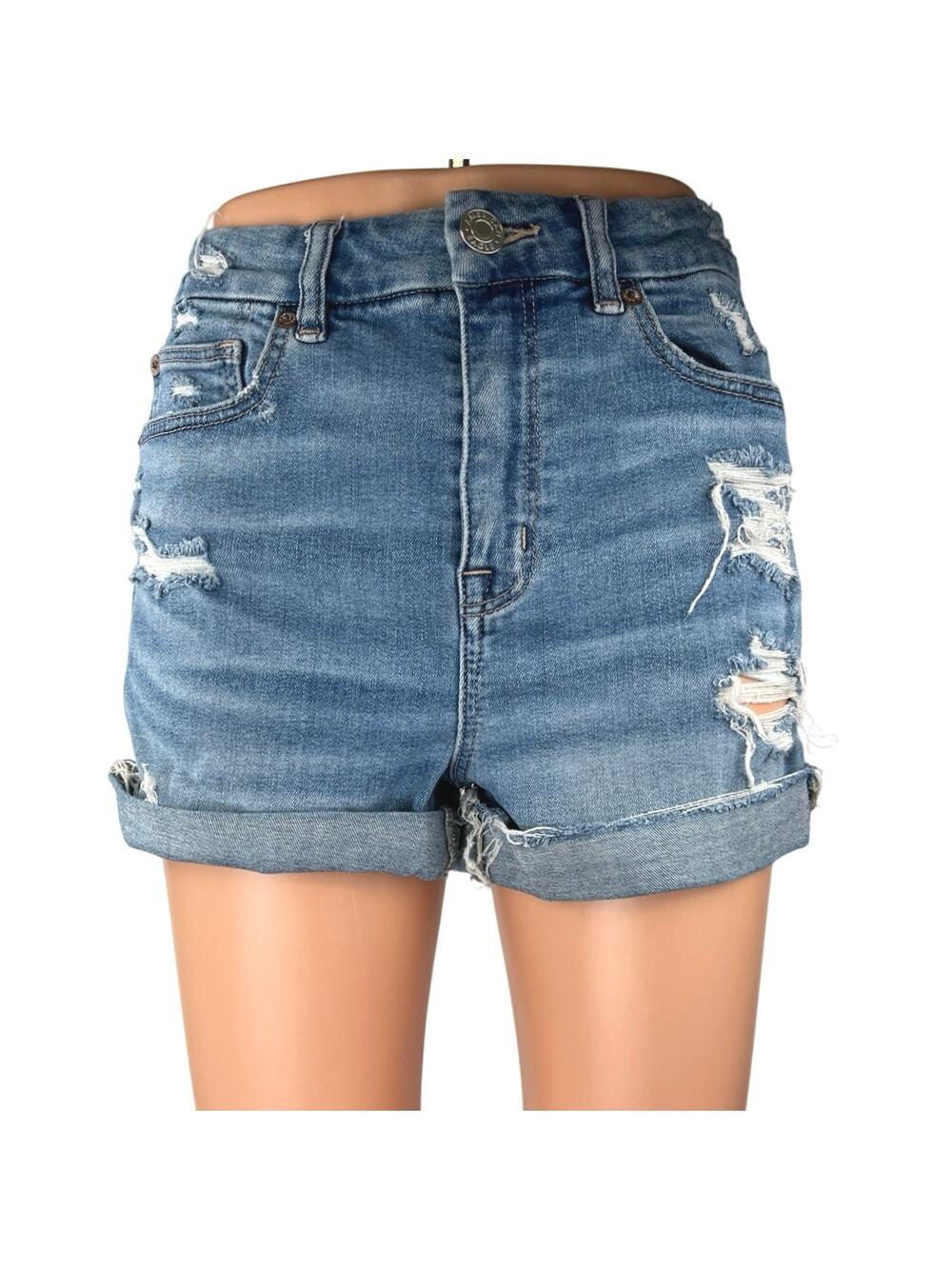 American Eagle Super Stretch Blue Distressed High Waisted Denim Jean Shorts 4